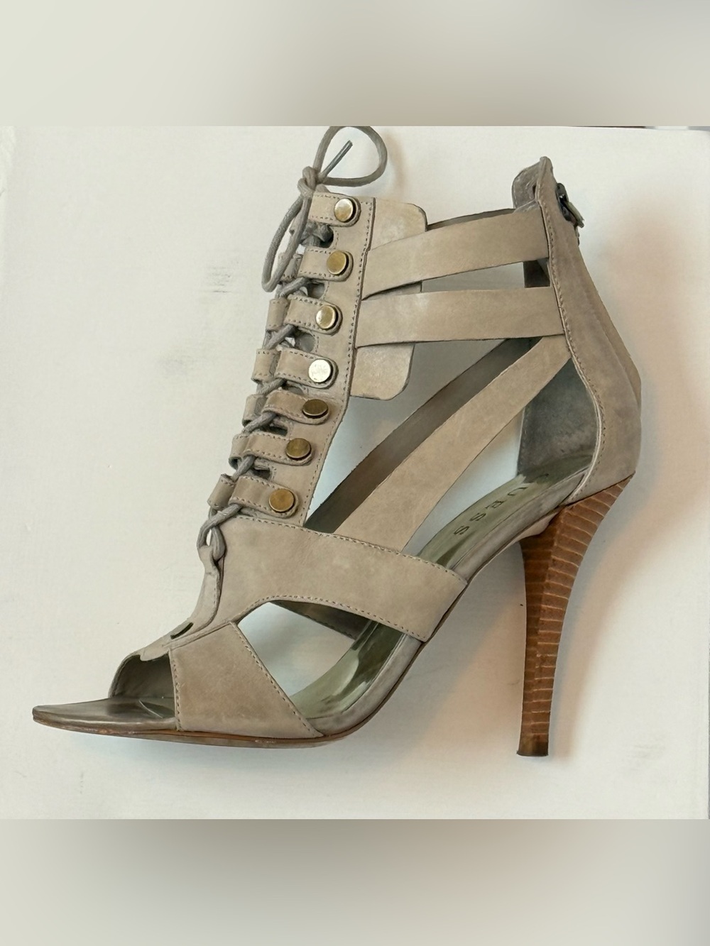 Gladiator Lace-Up High Heel Sandal in Taupe Suede